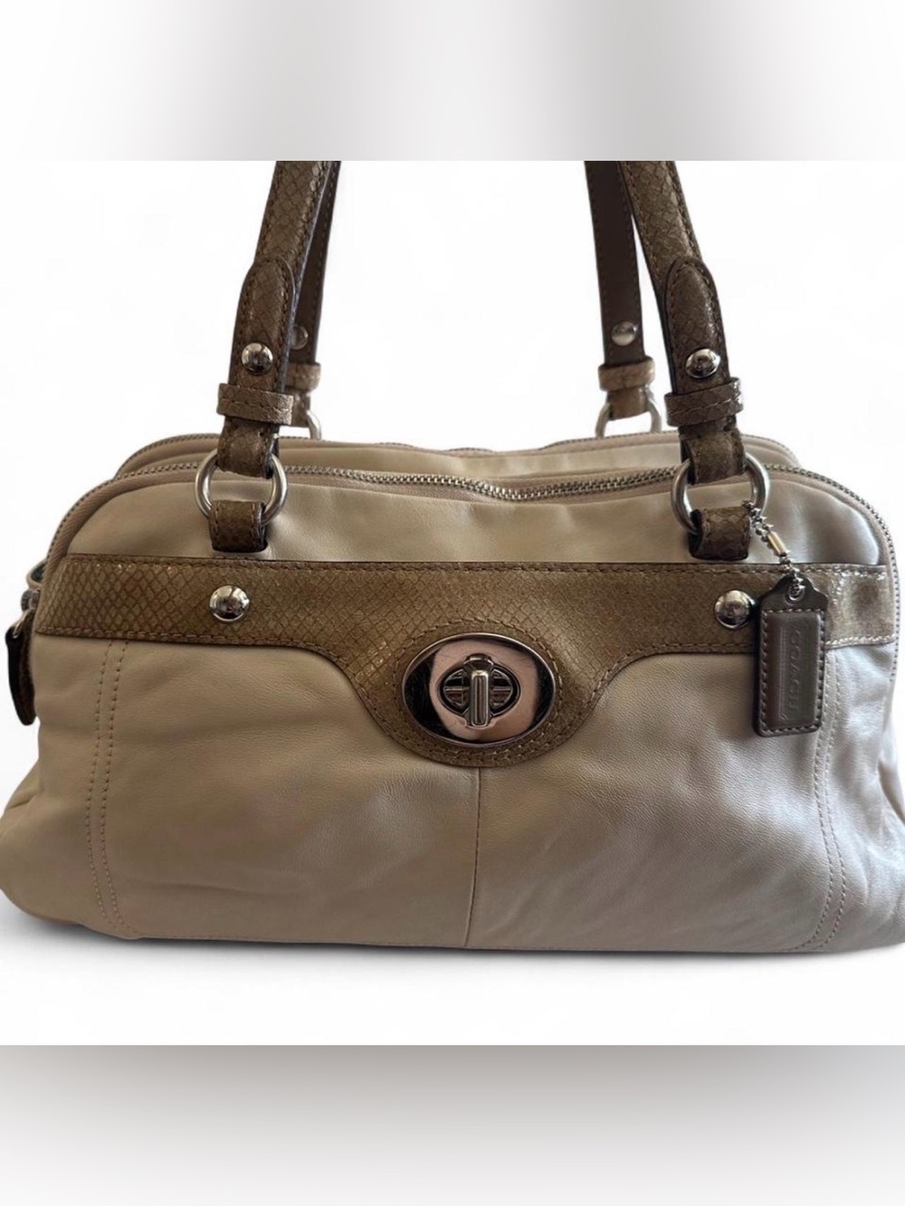 Coach Penelope Turnlock Leather Satchel #16529 Cream Snakeskin Trim
